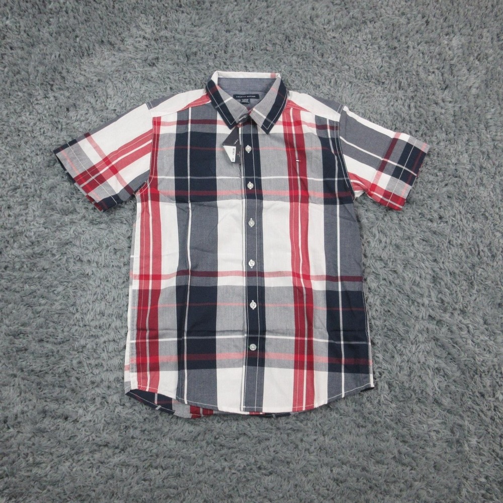 Tommy Hilfiger Shirt Boys Medium 10/12 Red Blue Plaid Short Sleeve Button NWT